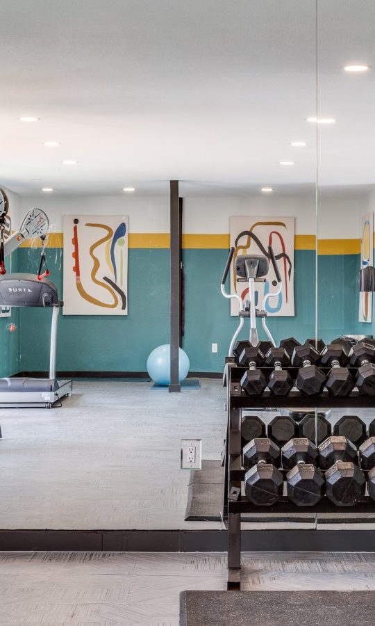 a gym room with exercise equipment and mirrors at The Melville